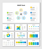 SMART goals infographic template with colorful circular diagrams for Specific, Measurable, Achievable, Relevant goals.