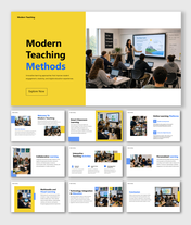 Modern teaching methods presentation highlighting smart classrooms, online learning, collaboration, and technology tech.