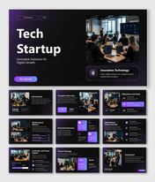 Tech startup presentation highlighting innovation, growth strategies, performance metrics, funding, and key success.