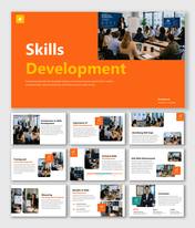 Skills development presentation with training sessions, workforce learning strategies, progress tracking, and growth aim.