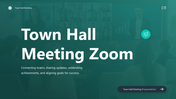 Town Hall Meeting Zoom presentation featuring company updates, project highlights, employee recognition, and Q&A.