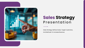 Sales Strategy presentation with purple color theme, sales funnel diagram, KPI charts, and business planning slides.