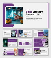 Sales Strategy presentation with purple color theme, sales funnel diagram, KPI charts, and business planning slides.