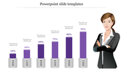 Purple cylindrical bar chart with percentages from 10% to 90% for years 2016 to 2021, with a businesswoman illustration.