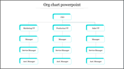Organizational chart slide showing the CEO, VP roles, Managers, and Service Managers in a hierarchical structure.