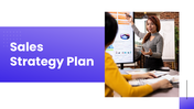 Sales strategy plan presentation with purple theme, charts, pipeline funnel, customer acquisition and revenue growth slides.