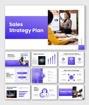 Sales strategy plan presentation with purple theme, charts, pipeline funnel, customer acquisition and revenue growth slides.