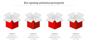 PowerPoint slide showing four boxes in different stages of opening, with red and gray colors, each with a caption.