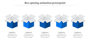 Five open blue boxes in a row, each with a gray lid tilted outward, representing a box opening animation. 