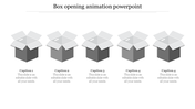 Five gray boxes with white tops, symbolizing a box opening animation, each with a label below.