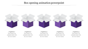 PowerPoint slide showing five boxes in different stages of opening, with purple and gray colors and captions below each.