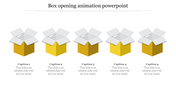 Illustration of five yellow boxes with open lids, arranged in sequence, with caption areas beneath each.