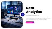 Data analytics presentation template with dashboards, insights, predictive metrics, and business growth visuals clean UI.