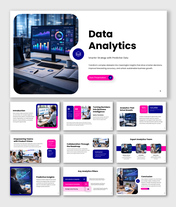 Data analytics presentation template with dashboards, insights, predictive metrics, and business growth visuals clean UI.