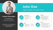 Portfolio slide with teal header featuring name, title, and circular profile photo, and contact details on dark sidebar.
