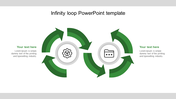 Infinity loop template with two green arrow loops, each with a central icon gear, files and placeholder text areas.