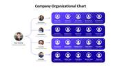 Company Organizational chart with CEO hierarchy, blue gradient boxes, team roles, and text holders.