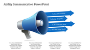Slide featuring a megaphone with arrows labeled with communication goals like speaking powerfully and presenting ideas.