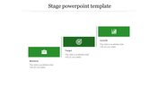 Three green rectangular blocks with icons aligned in a row, separated by dotted lines in a clean design.