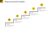 Stages PowerPoint slide featuring a step by step process with icons from business, process, target, growth, and profit.