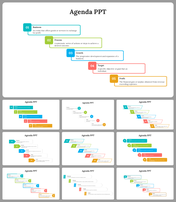Agenda slide deck with colorful, step based layouts featuring numbered sections for business concepts.