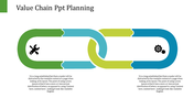 Two colorful chain links connected, representing value chain planning with icons along with placeholder text.