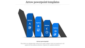 Four staggered blue columns with white icons and labels A to D, aligned in a stair step layout with dark shadows.