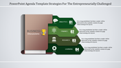 Business agenda slide with icons and green tabs for analytics, finance, research, and learning, aligned next to a notebook.