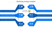 Six blue sections with icons arranged in an arrow shape, connecting to a central infographic element.