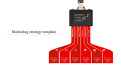 Marketing strategy template featuring a briefcase and six red sections, each with an icon and label.