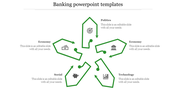 Slide with green pentagonal arrows showing various banking sectors arranged in a star layout.