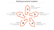 Pentagon shaped layout with orange outlined segments featuring icons for financial and social themes, radiating outward.