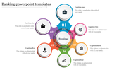 Banking themed slide with a central circle, featuring six colorful arms, with icons, and captions arranged radially.