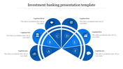 A semi circle layout with six blue segments, each containing an icon and a label, surrounded by captions.