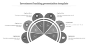 Investment banking presentation template with six sections, each represented by grey icons with captions.