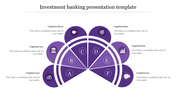 Investment banking template with a semi-circular purple diagram divided into six segments, each with caption areas.