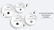 Investment banking slide with four sections in bubbles, labeled with piggy bank, group, briefcase, and time management.