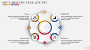Minimalistic circular SWOT analysis slide with labeled quadrants and icons representing key areas.