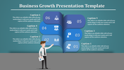 Slide design for business growth with six steps and icons, accompanied by captions and a character illustration on the left.