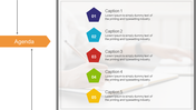 Agenda slide featuring a sidebar with an orange heading and five colorful hexagonal markers on a blurred backdrop.