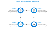 Flowchart style design with four blue circles, featuring icons and captions in a square layout with connecting arrows.