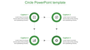 A Circle PowerPoint template featuring four green circular icons with corresponding captions for each section.