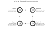 Grey circle PPT slide with four circular icons connected by arrows, representing strategy, target, growth, and tools.