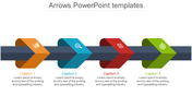 Business process diagram with four folded arrows in orange, blue, red, and green, each featuring icons and connected to text.