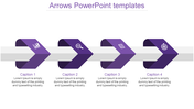 Purple arrows PowerPoint template featuring four arrows with icons for analytics, search, growth, and target with captions.