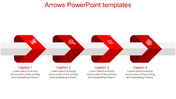 Business process diagram with four red folded arrows, each featuring an icon, around a horizontal bar and linked to text.