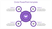 Circle PowerPoint template with purple icons representing growth, partnership, strategy, and settings with captions.