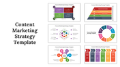 Content Marketing Strategy slides showcasing various content marketing strategies with colorful diagrams on a white backdrop.