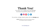 Thank you slide from SlideEgg, including social media icons and a redesign page link on a white backdrop.