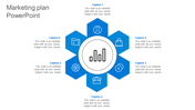 Marketing plan infographic with six blue hexagonal nodes, each featuring an icon, surrounding a circular central chart icon.